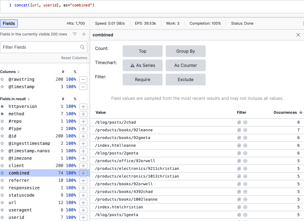 Screenshot showing query results with the combined field visible in the Fields panel, and a field value list showing concatenated URL and userid values such as /blog/posts/2chad.