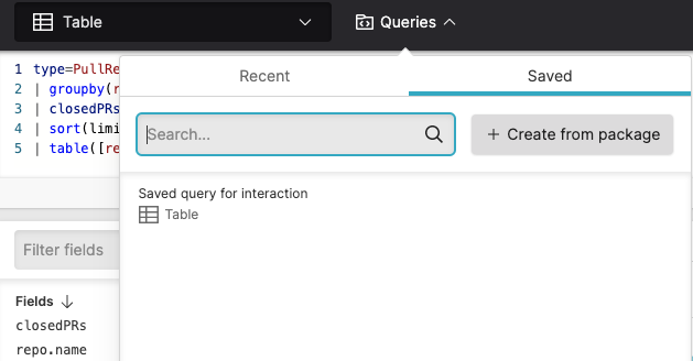Screenshot showing the Queries dropdown panel with the Saved tab selected, a search field, a Create from package button, and a saved query named Saved query for interaction listed.