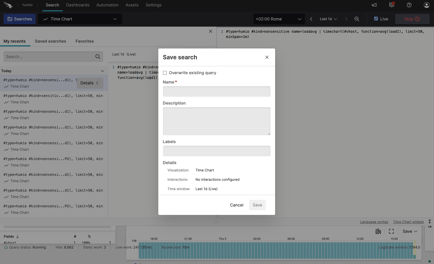 Recent query preview panel with a Save button and options to Run, Edit, or close the query.