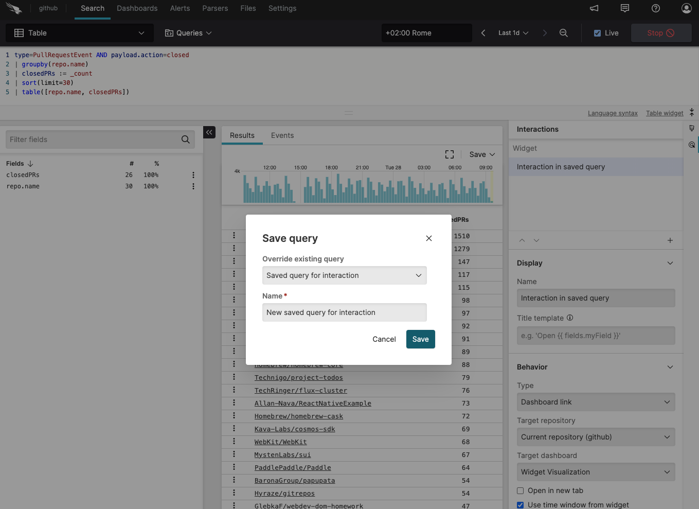 Screenshot showing a search interface with query results and an open Save query dialog, containing Override existing query and Name fields and Cancel and Save buttons.