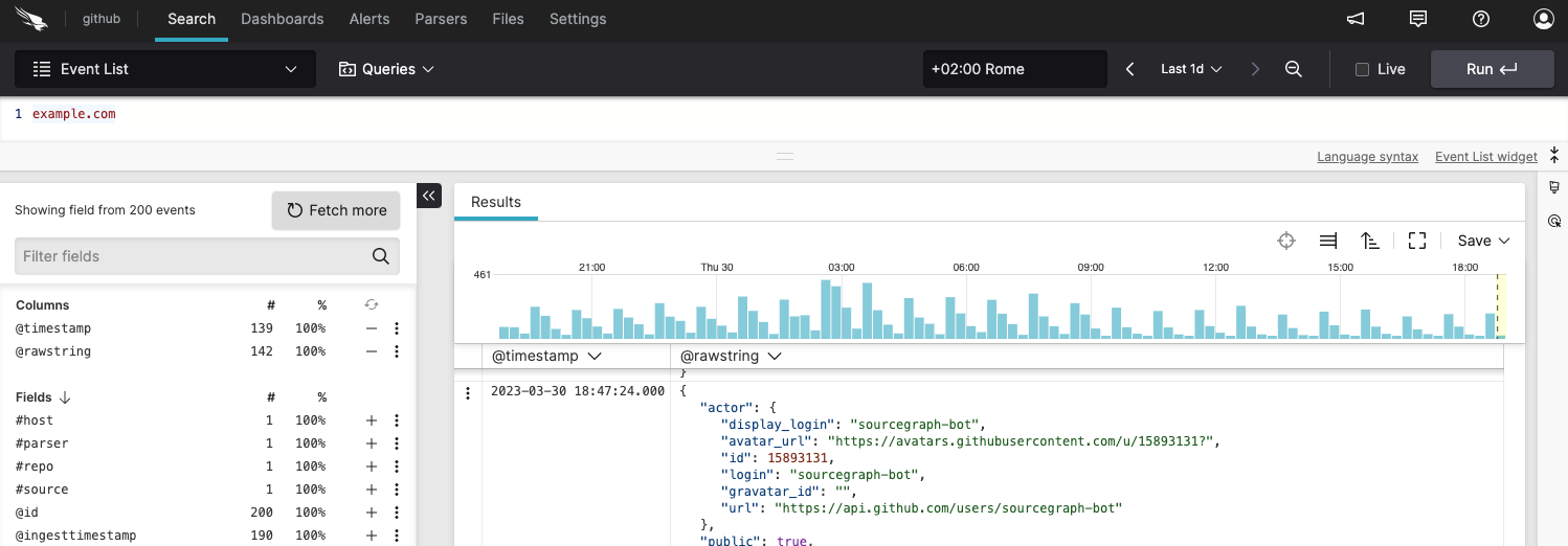 Query Editor displaying a single search term with the Event List panel showing matching results highlighted in the log entries.