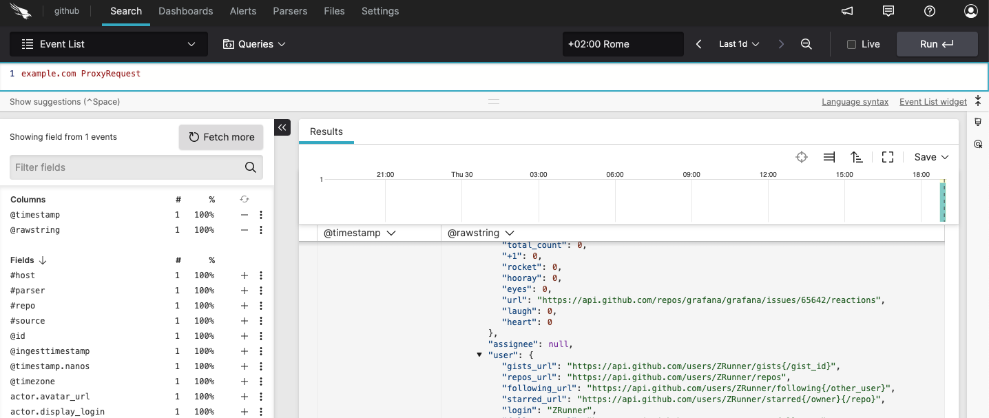Query Editor displaying two search terms with the Event List panel showing matching results where both terms are highlighted in the log entries.