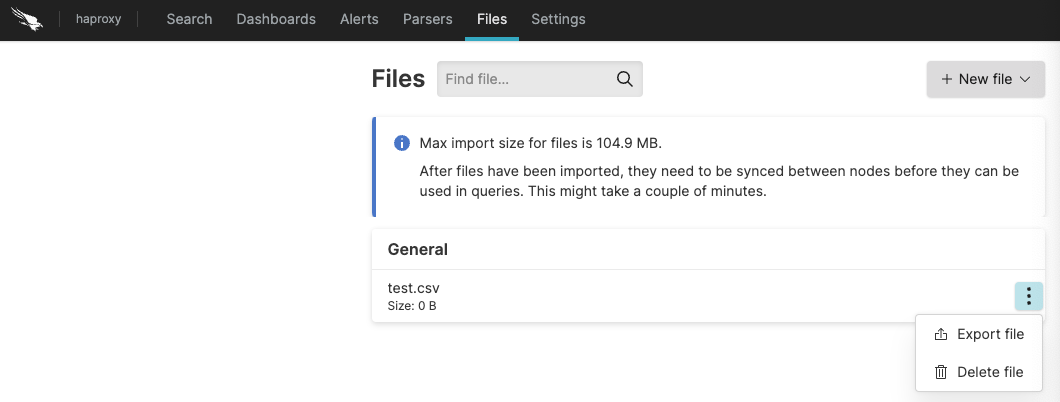 Management options for each lookup file. You can export, delete, or share the asset.