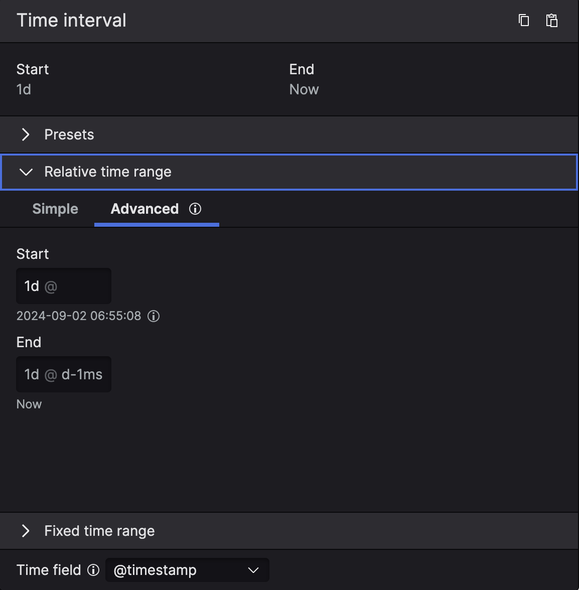 Screenshot showing the advanced time selection