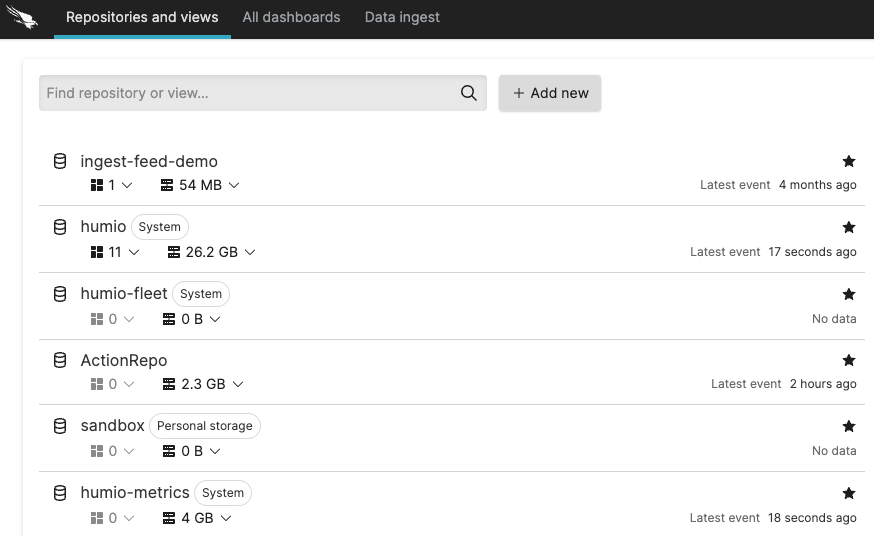 Screen shot of the LogScale Repositories and Views page showing a list of available repositories