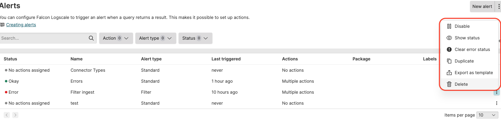 Screenshot showing the options for managing triggers