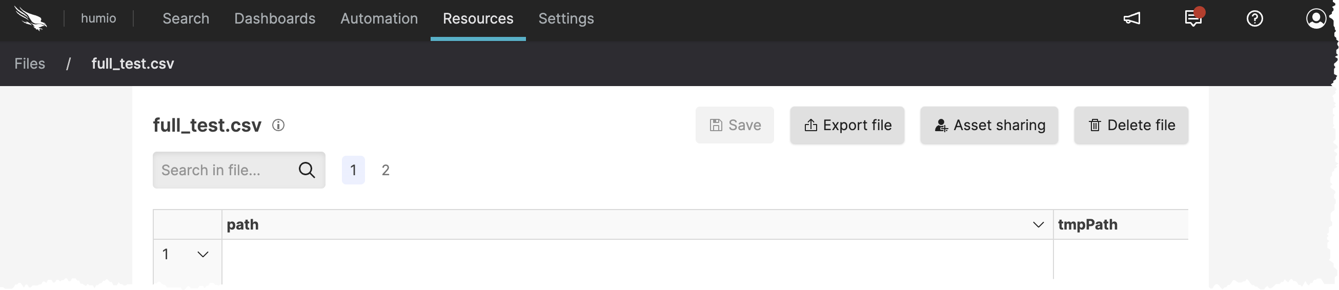 Screenshot showing a lookup file that is open with the options at the top of the screen to export or delete a file.