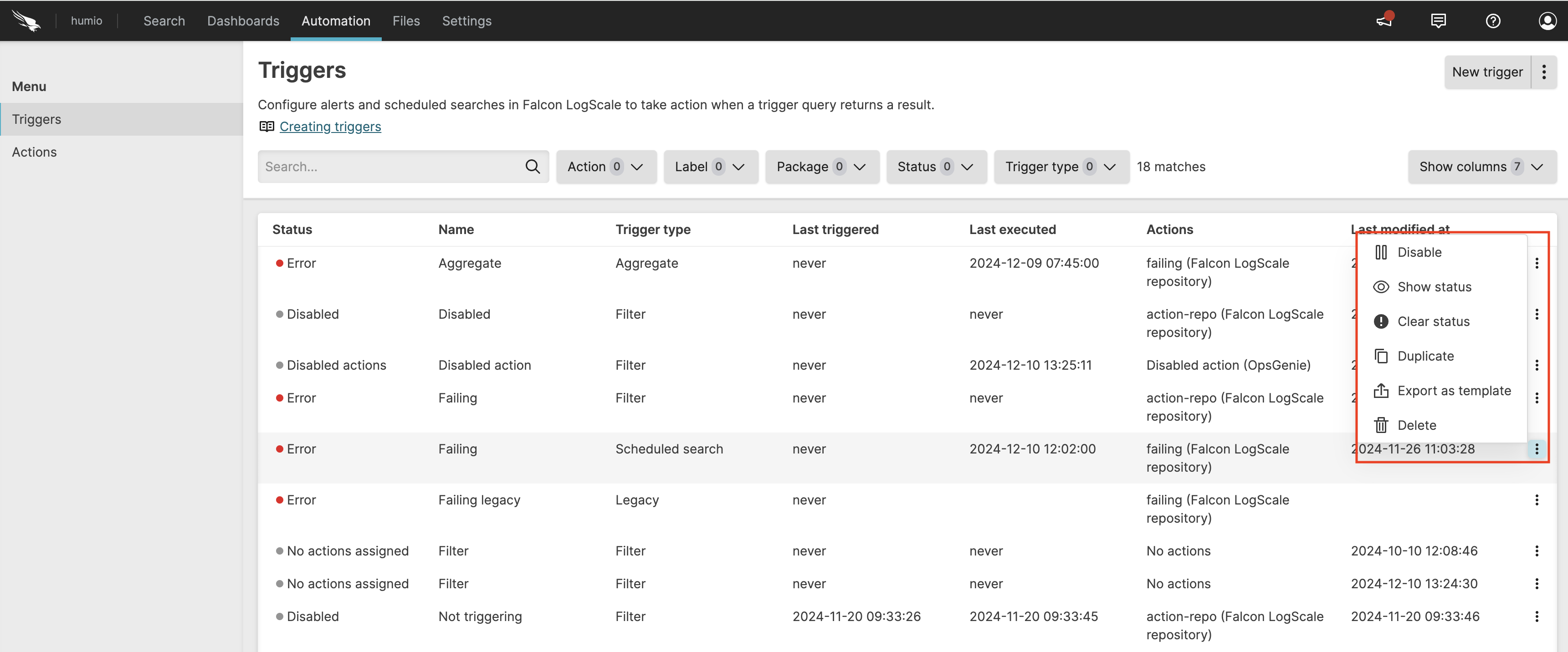 Screenshot showing the options for managing triggers