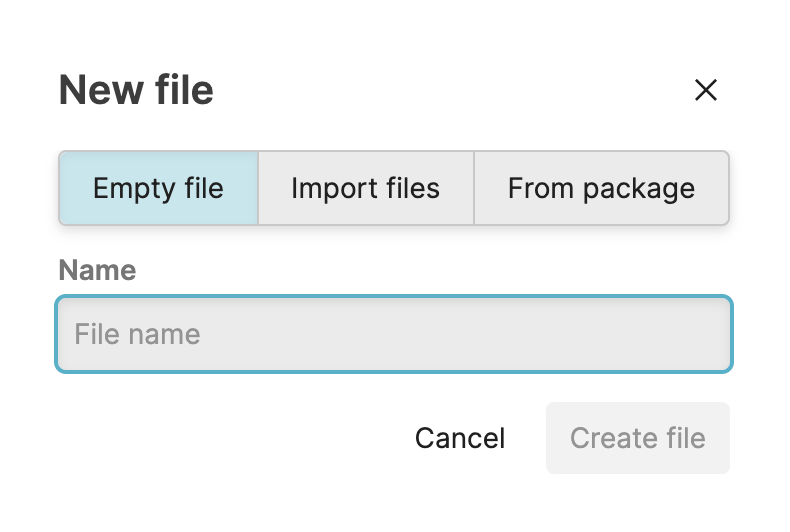Dialog showing options available when creating a new lookup file. You can choose between tabs for empty file, import file for lookup files made in other tools, or from package if importing a lookup file from a package.