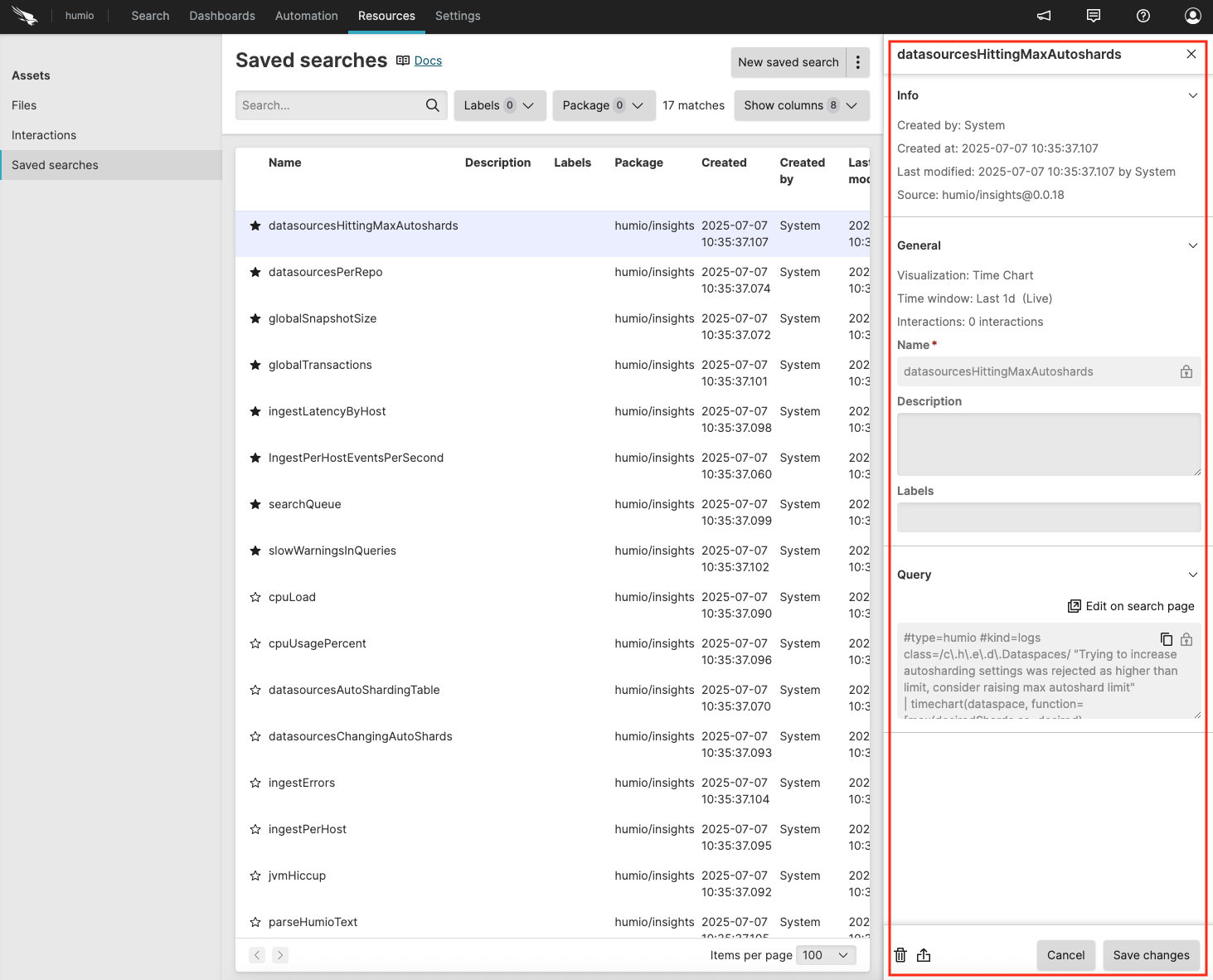 Screenshot showing the properties panel of a saved search