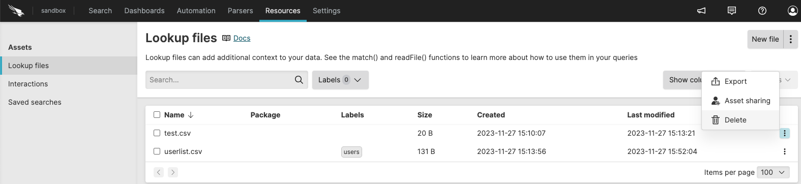 Management options for each lookup file. You can export, delete, or share the asset.