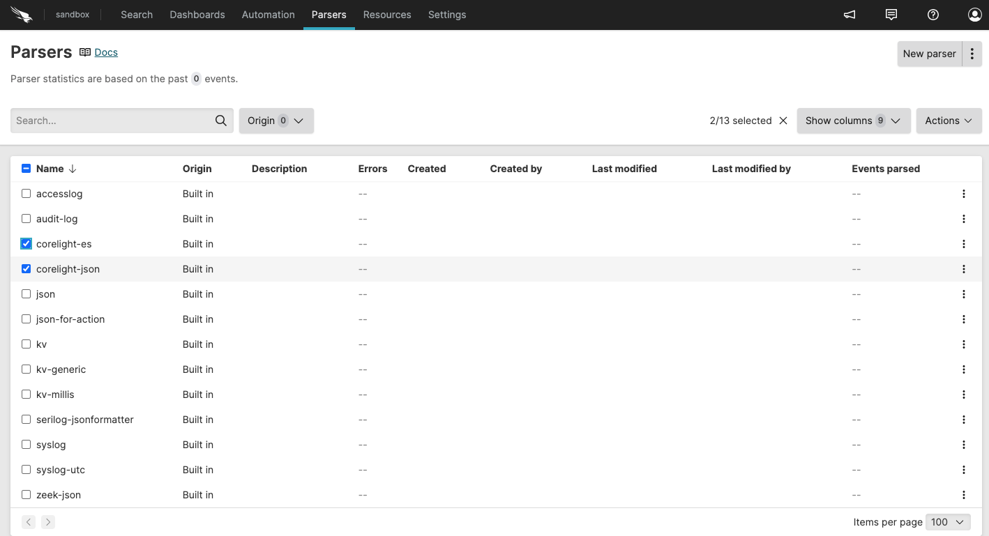 Screenshot showing the available parsers in a specific repository