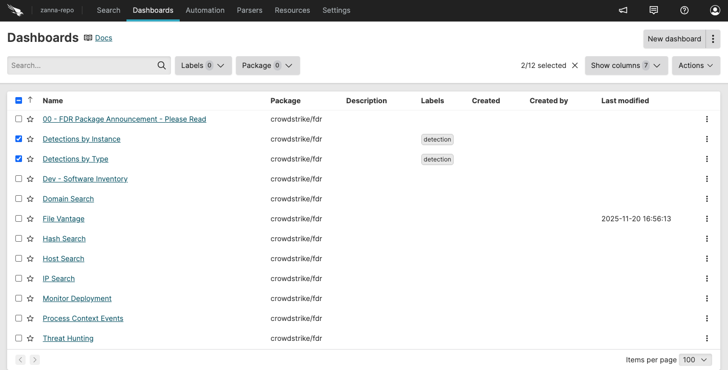 screenshot showing the Dashboards overview page