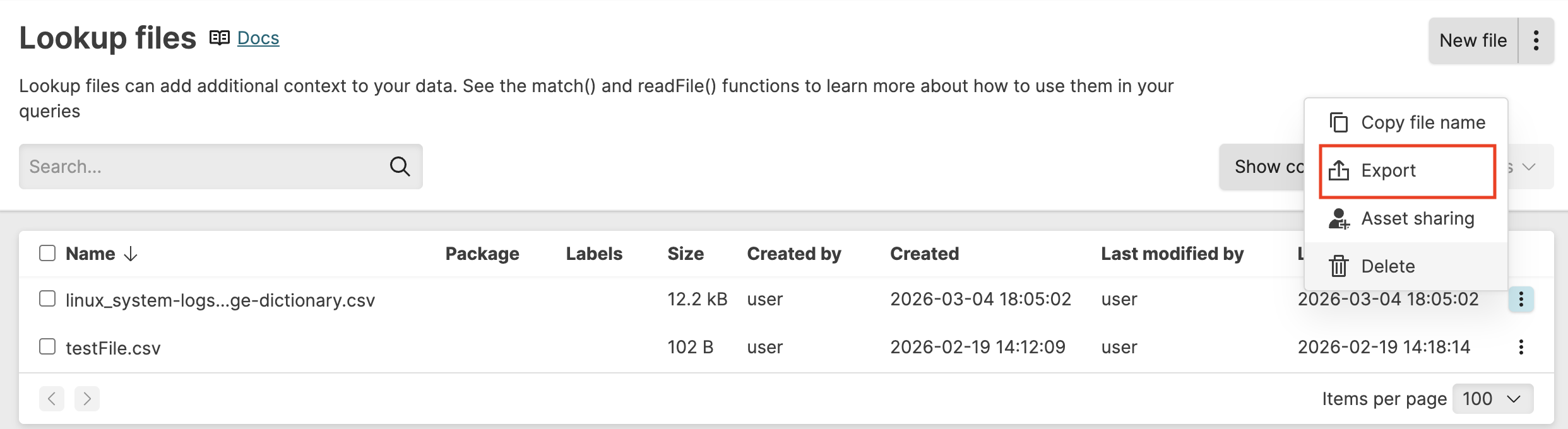 Management options for each lookup file. You can export, delete, or share the asset.
