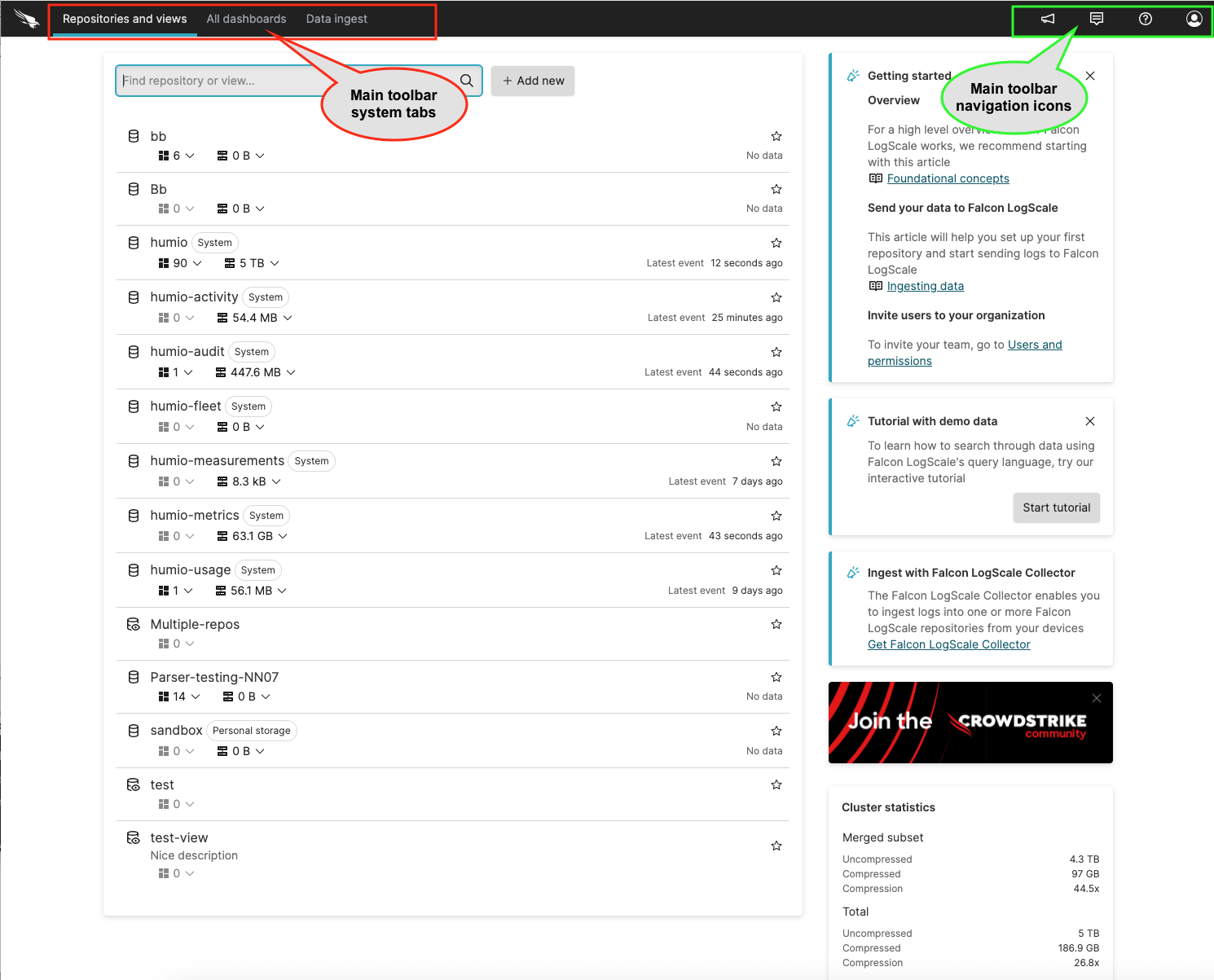 LogScale User Interface main toolbar