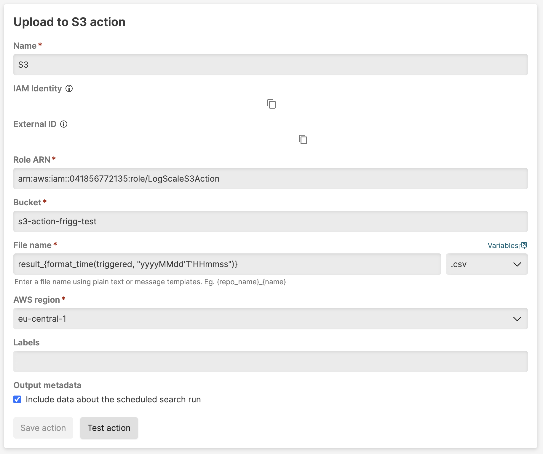 screenshot showing the LogScale form for configuring S3 action