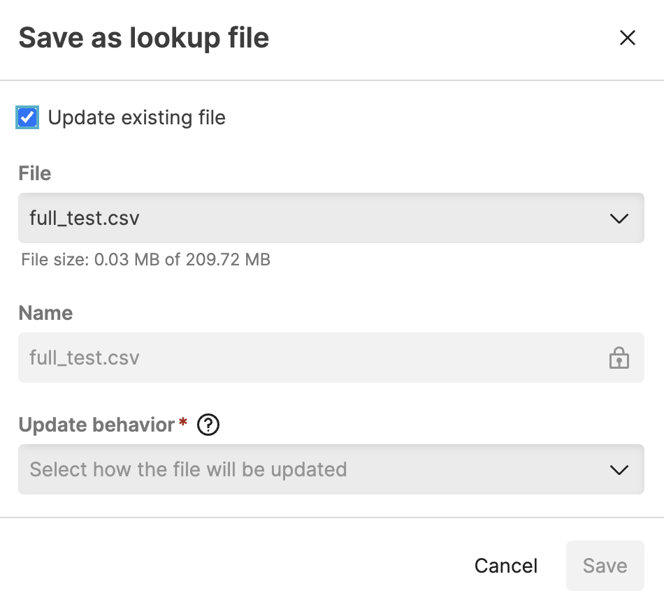 Dialog showing the update lookup file options when called from the Search results. The option to update an existing file is selected and a file is selected.