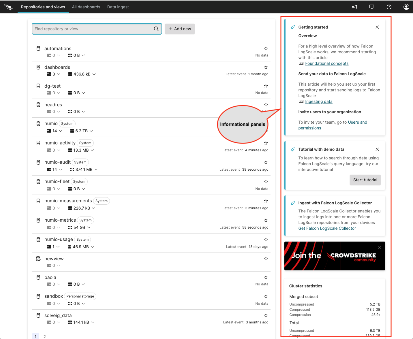 LogScale User Interface informational panels