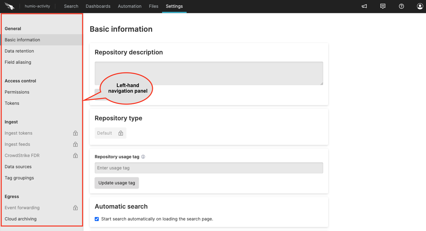 Example of a left-hand panel navigation in the web interface