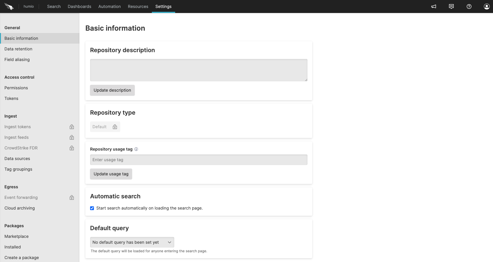 Screenshot showing the available repo configuration options in the Settings tab