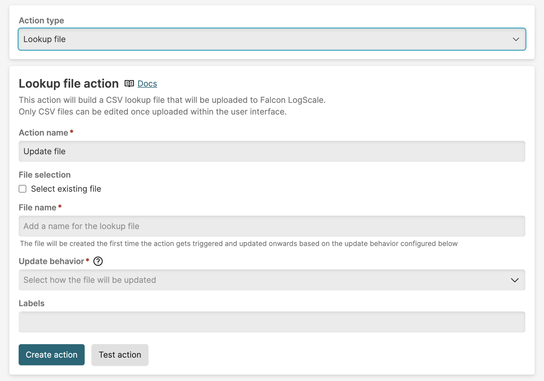 Screenshot of the Lookup File Action configuration form displaying options to select existing file or create new file, file name input, update behavior dropdown with choices for overwrite, append, or update changed, and key column selection for matching rows