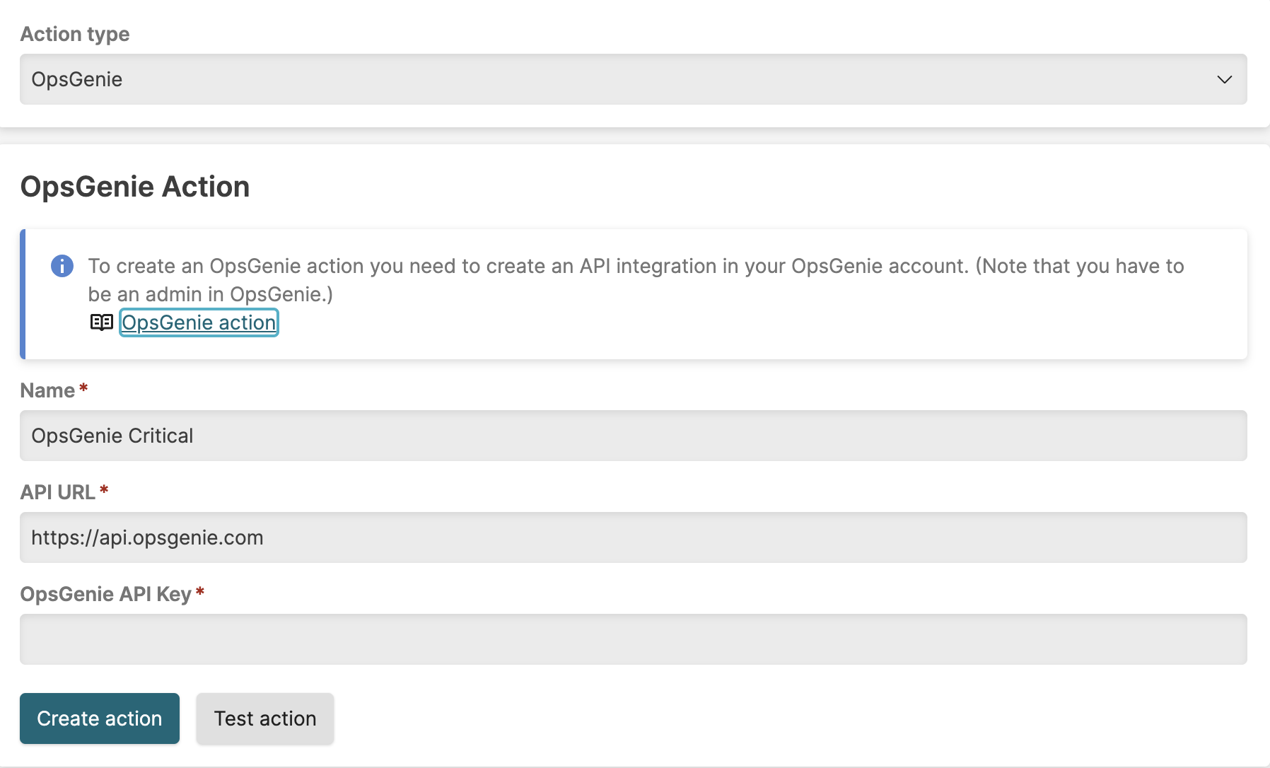 Screenshot of the OpsGenie Action configuration form displaying fields for action name, API URL, and OpsGenie API Key required to integrate with the OpsGenie alert routing system
