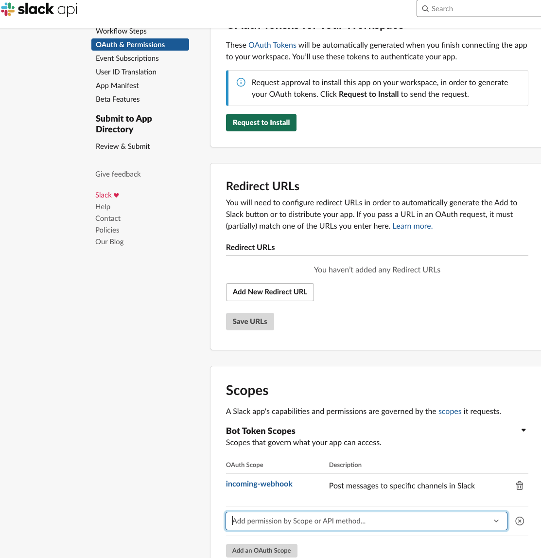 Screenshot of the Slack OAuth Permissions page showing the Bot Token Scopes section where you can add OAuth scopes like chat:write.public for enabling app permissions