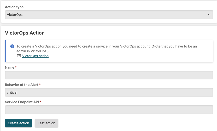 Screenshot of the VictorOps Action configuration form showing fields for action name, Behavior of the alert dropdown, and Service Endpoint API URL for integrating with Splunk On-Call incident management