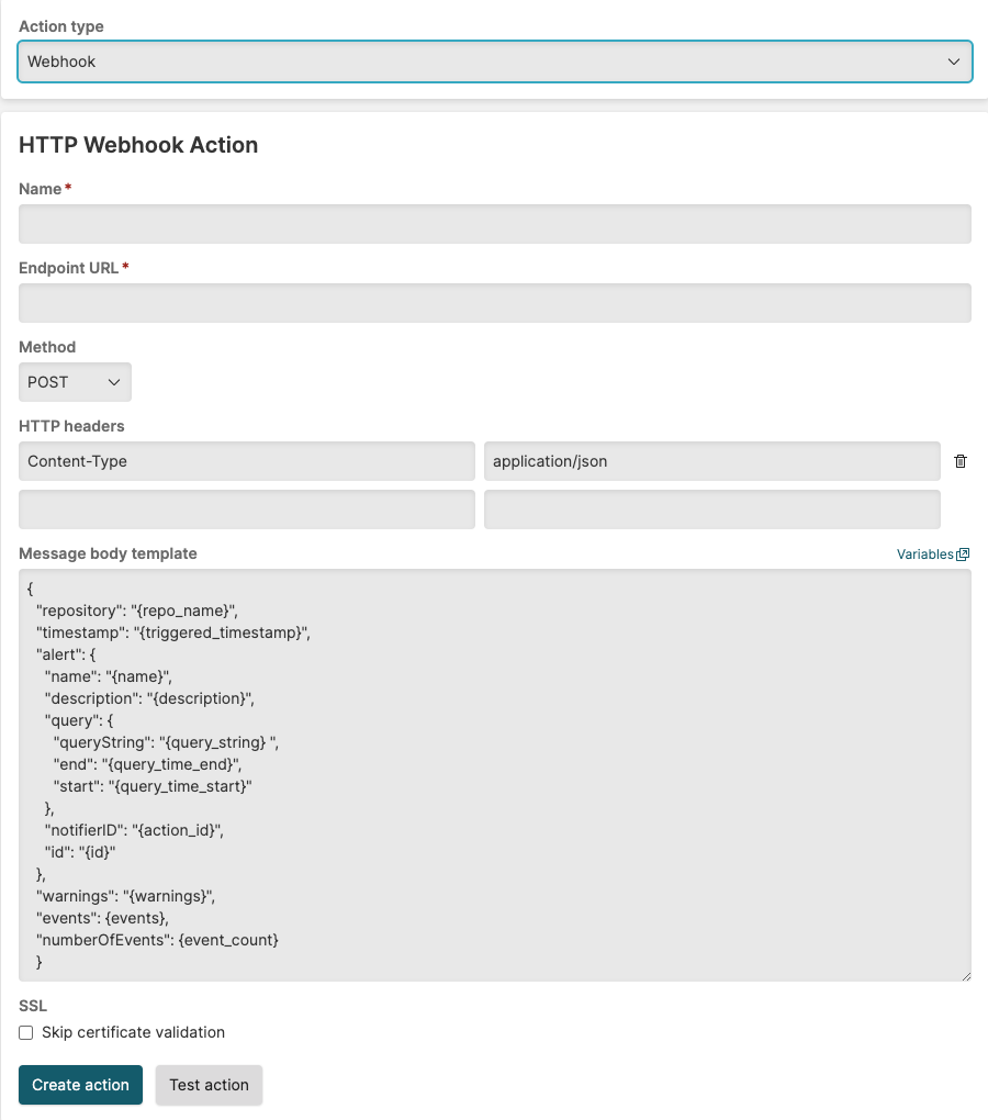 Screenshot of the Webhook Action configuration form displaying fields for action name, Endpoint URL, HTTP Method dropdown, HTTP Headers section with key-value pairs, and Message Body Template field for customizing webhook requests