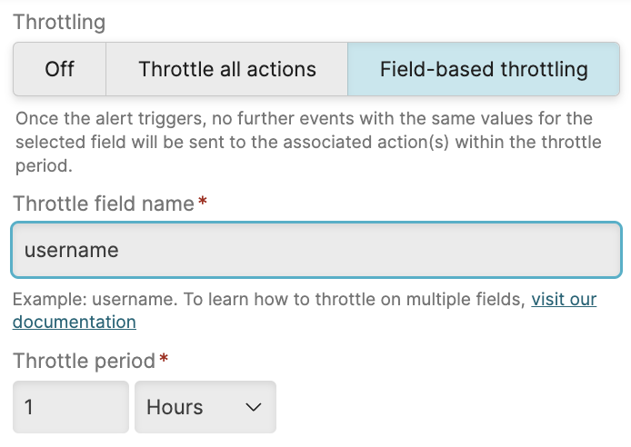 Screenshot of the Alert configuration panel showing the Throttle period field where you can set the minimum time interval between alert notifications to control how often the alert can trigger