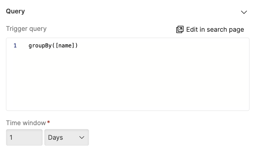 Screenshot of the Trigger query section in the edit mode displaying the existing query and Edit in search page button for modifying the trigger query configuration