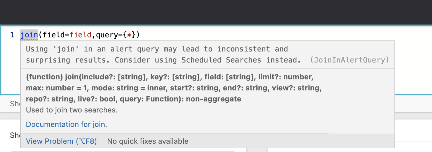 Screenshot of the Triggers overview page displaying the Warning Using Live join function message explaining that join functions have limitations with alert queries and recommending scheduled searches instead