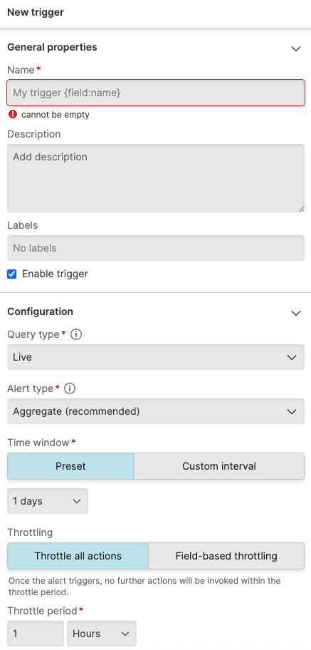 Screenshot of the New trigger panel displaying fields for trigger name, description, labels, query type selection with Live and Scheduled search options, alert type dropdown, and configuration settings for time window and actions