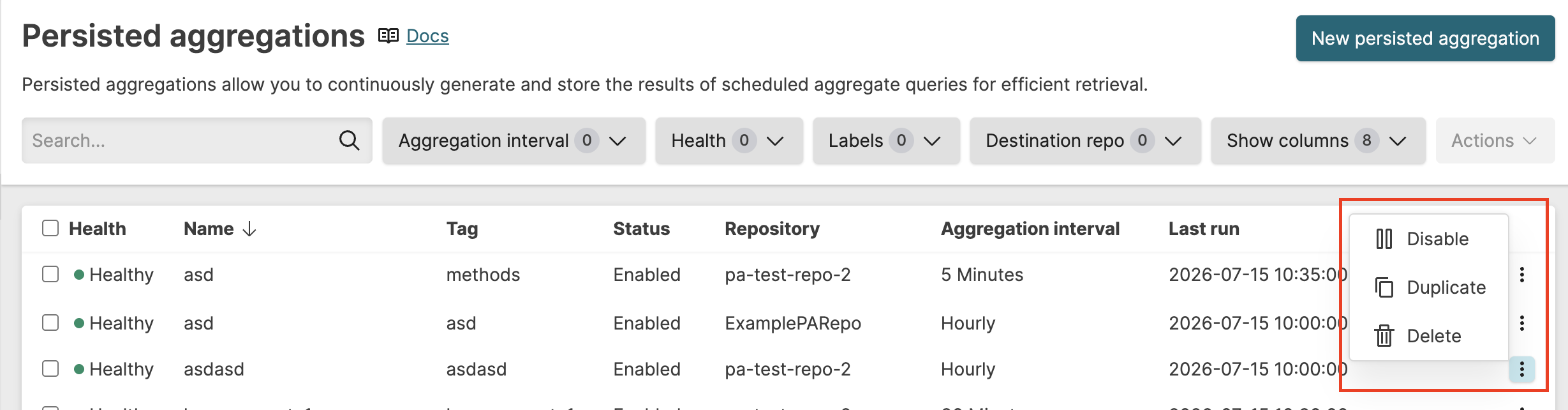 Screenshot of the persisted aggregation management menu accessed through the vertical dots icon showing options for Enable, Disable, and Delete