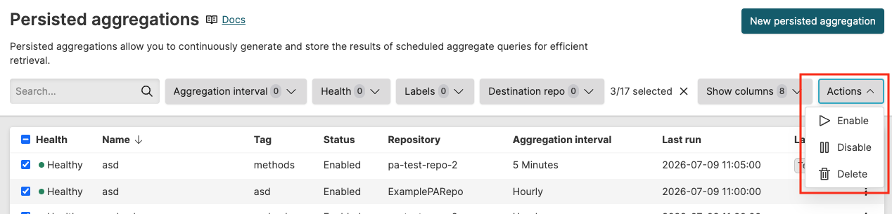 Screenshot of the bulk Actions dropdown menu showing options to Enable, Disable, and Delete multiple selected persisted aggregations