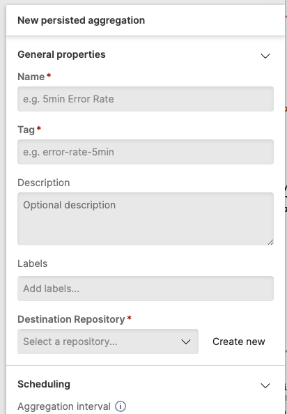 Screenshot of the persisted aggregation configuration panel displaying fields for name, query, schedule interval, and other settings