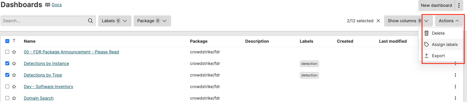 Dashboard table displaying columns for Name, Last Modified, Labels, and a bulk actions menu with Delete, Export, and Duplicate options.