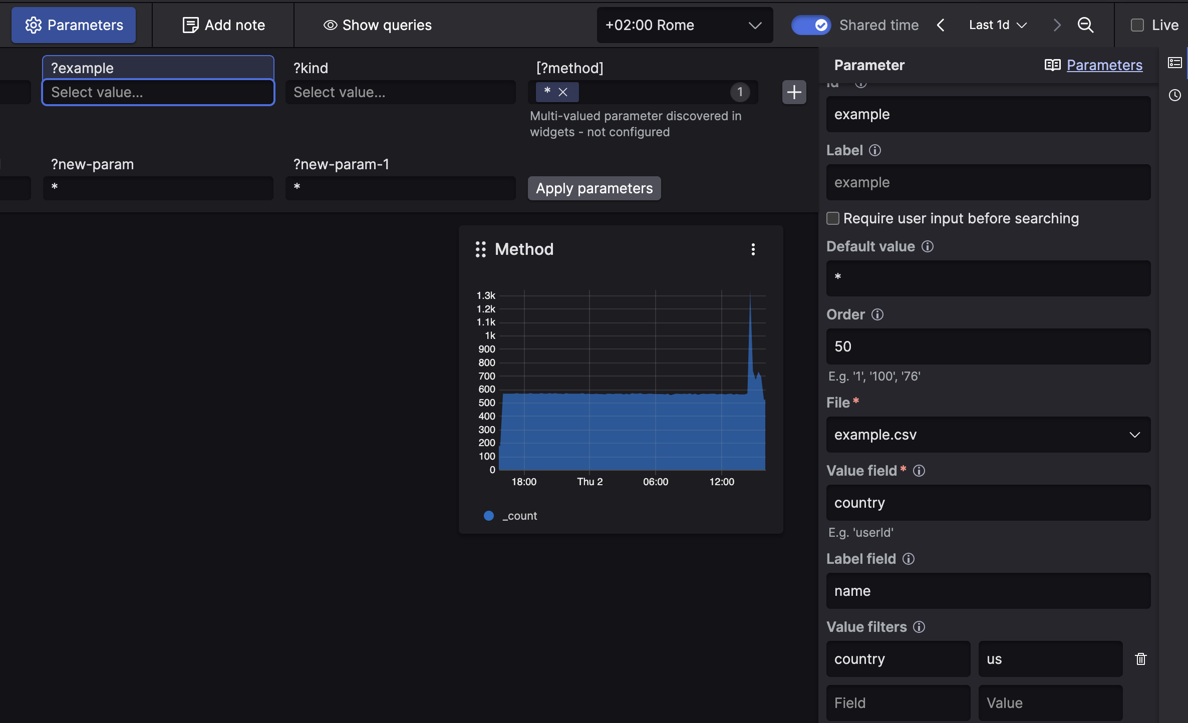 Screenshot showing file parameter configuration with Value filters field set to filter by country field equals us, limiting dropdown options to USA entries only.