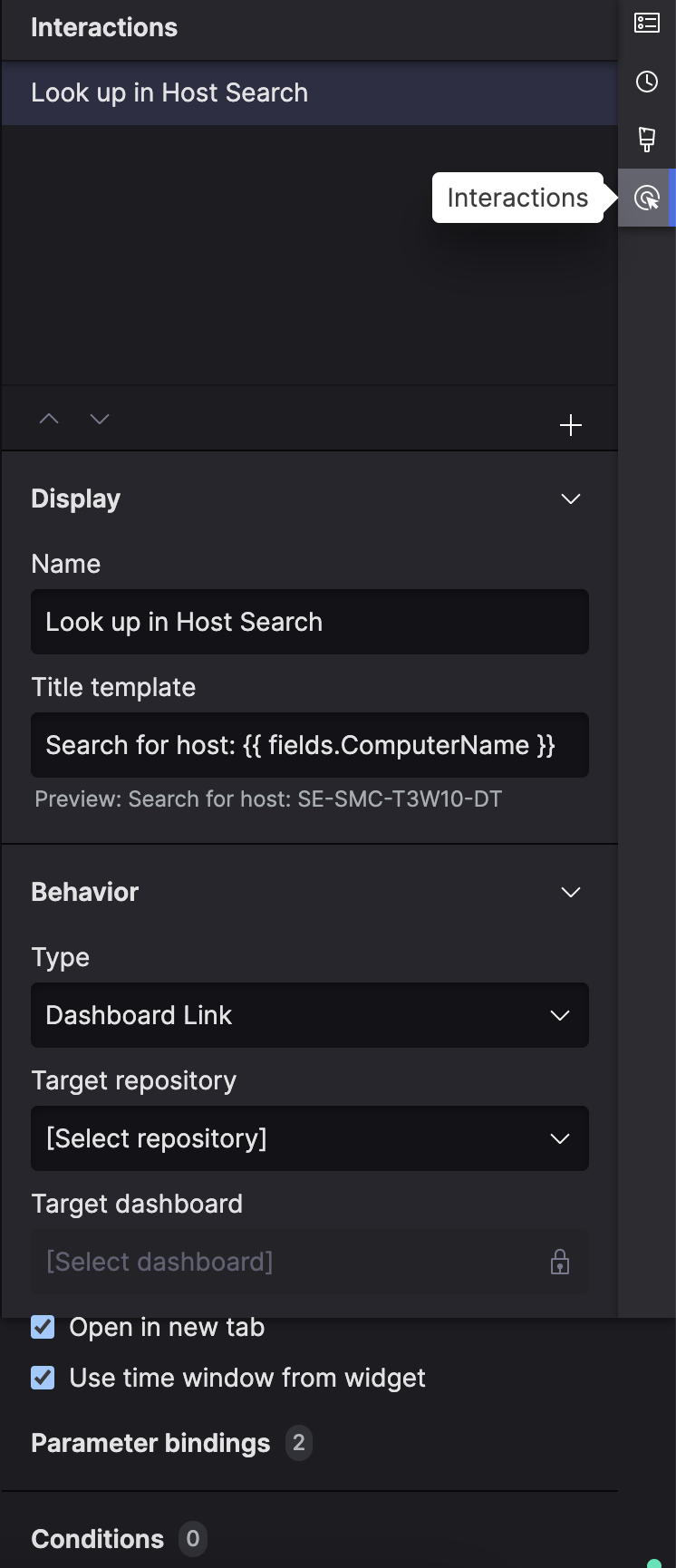 Screenshot showing the Interactions configuration panel with Display and Behavior sections, including Name, Title template, Type set to Dashboard Link, Target repository, Target dashboard, and Parameter bindings fields.