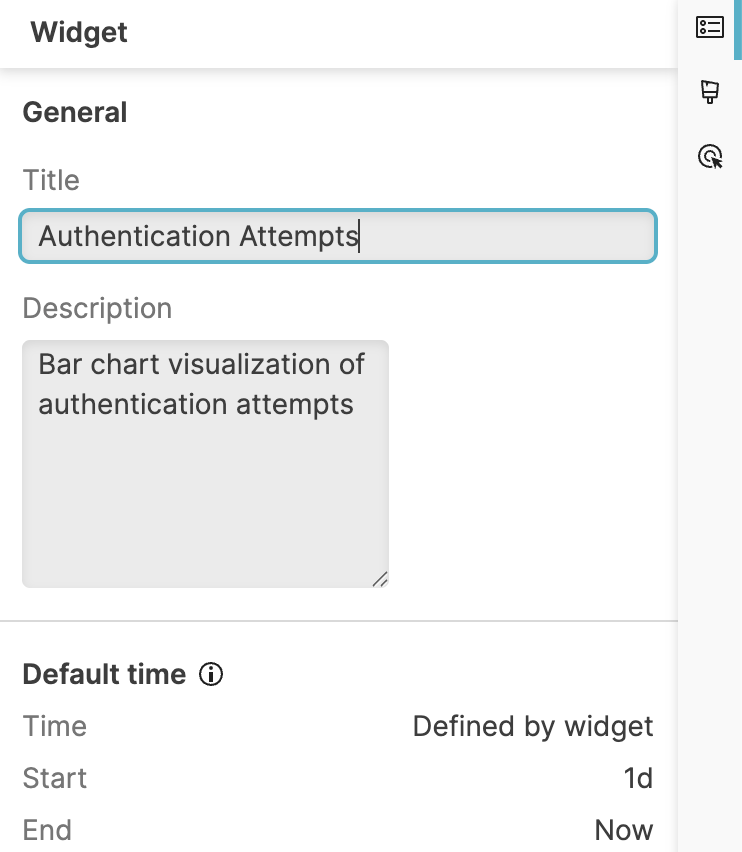 Widget side panel showing general properties section with fields for Widget title, Widget description, and Default widget time settings.