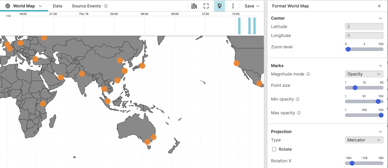 Screenshot showing a World Map widget displaying ServiceHealth events as markers representing global datacenters, with marker sizes indicating average response times across different geographic locations, and Format World Map panel visible on the right showing Center, Marks, and Projection configuration options