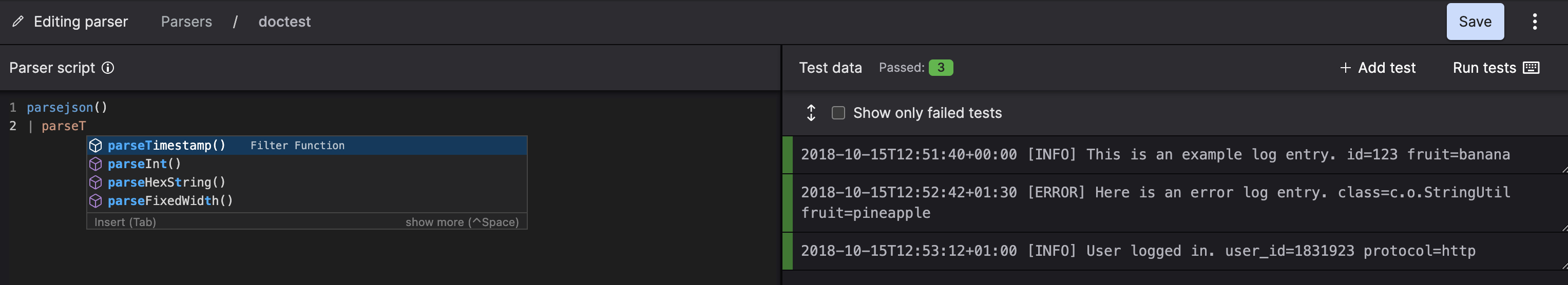 Screenshot of the parser script editor showing autocomplete dropdown menu suggesting function and field names while typing