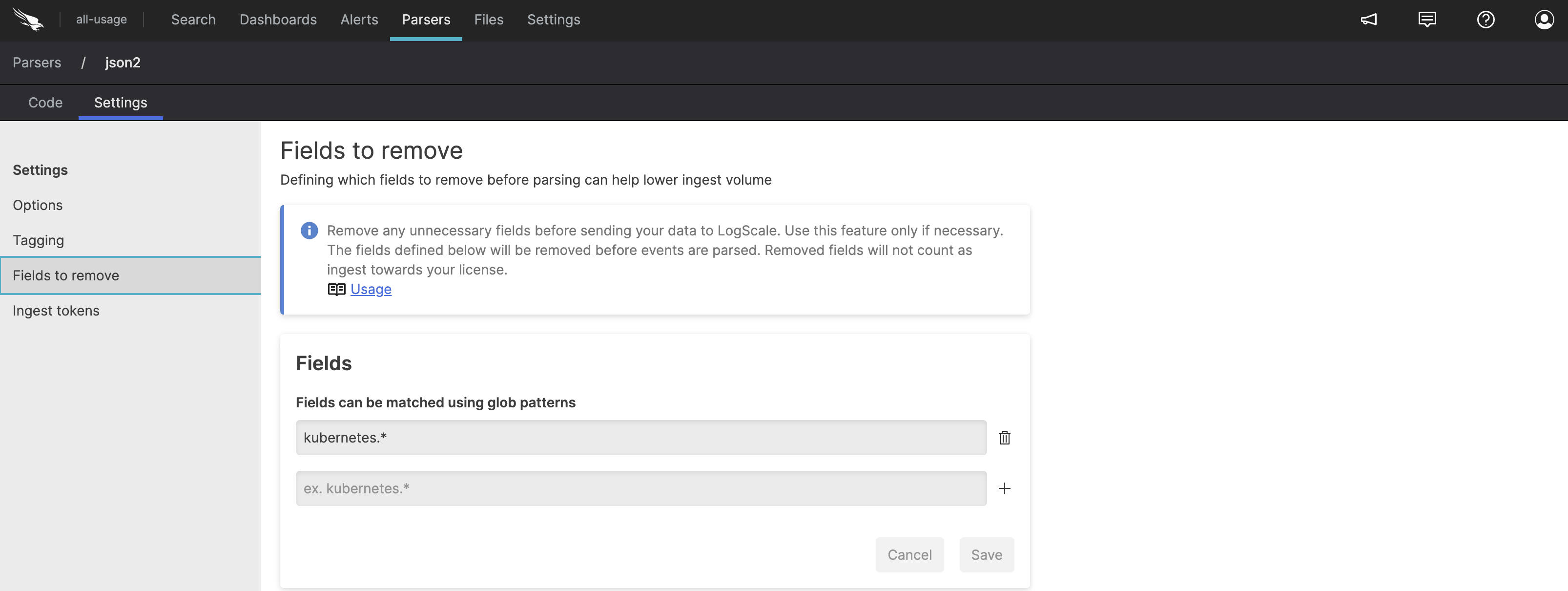 Screenshot of the Fields to remove page with a text input field for entering field names to remove from parsed data and a Save button