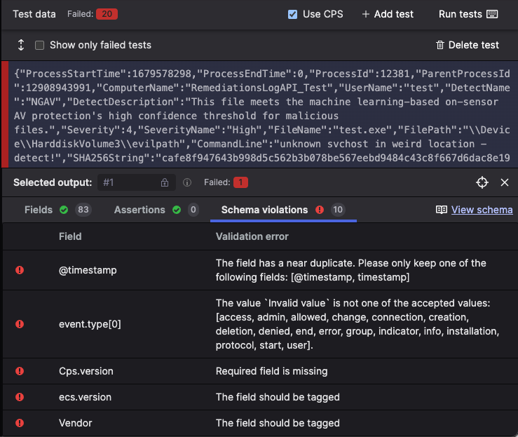 Screenshot of parser test output with Use CPS checkbox enabled showing validation results against the CrowdStrike Parsing Standard schema