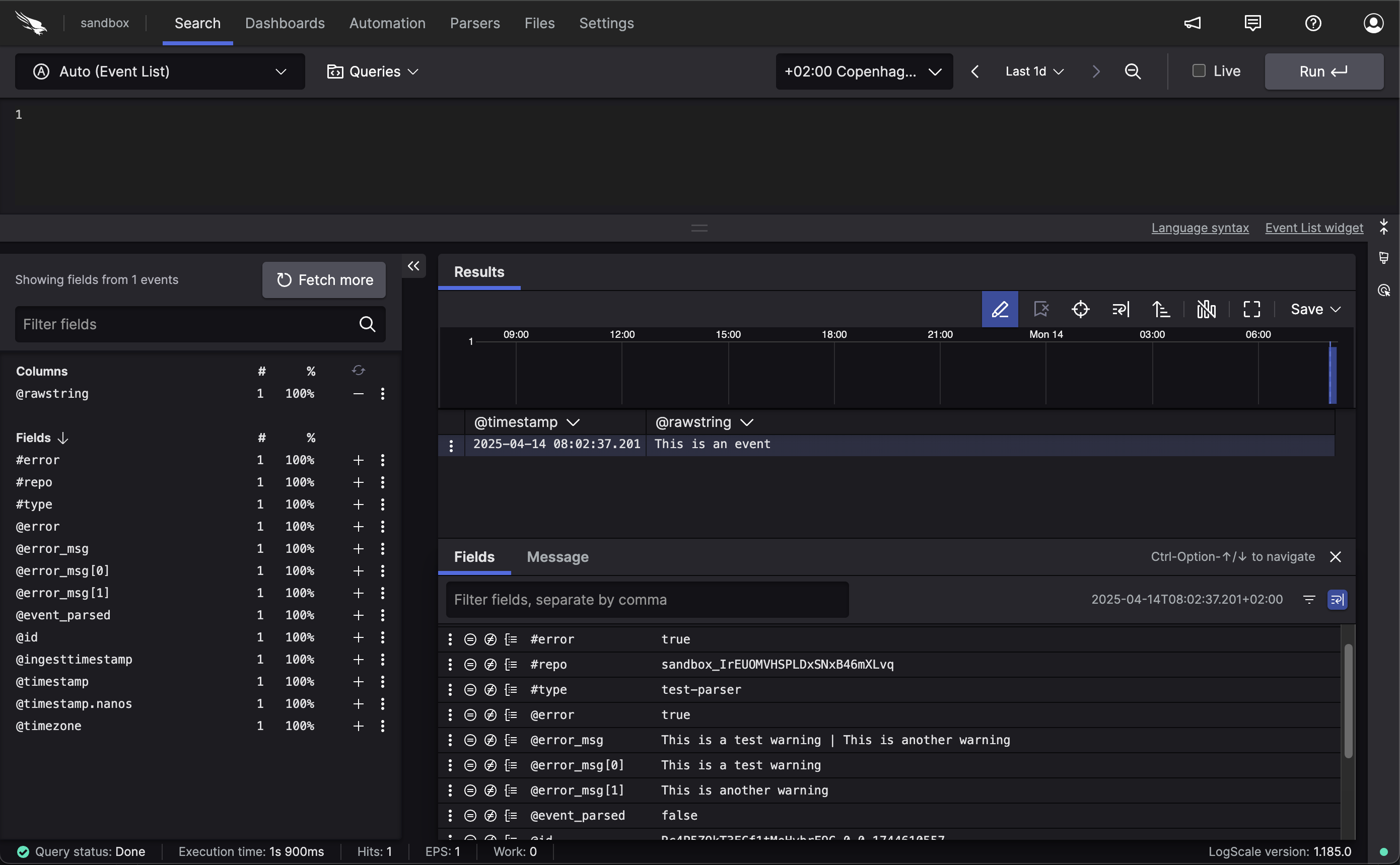 Screenshot of the Search page showing an ingested event with an error field indicating parser warnings or failures during data ingestion