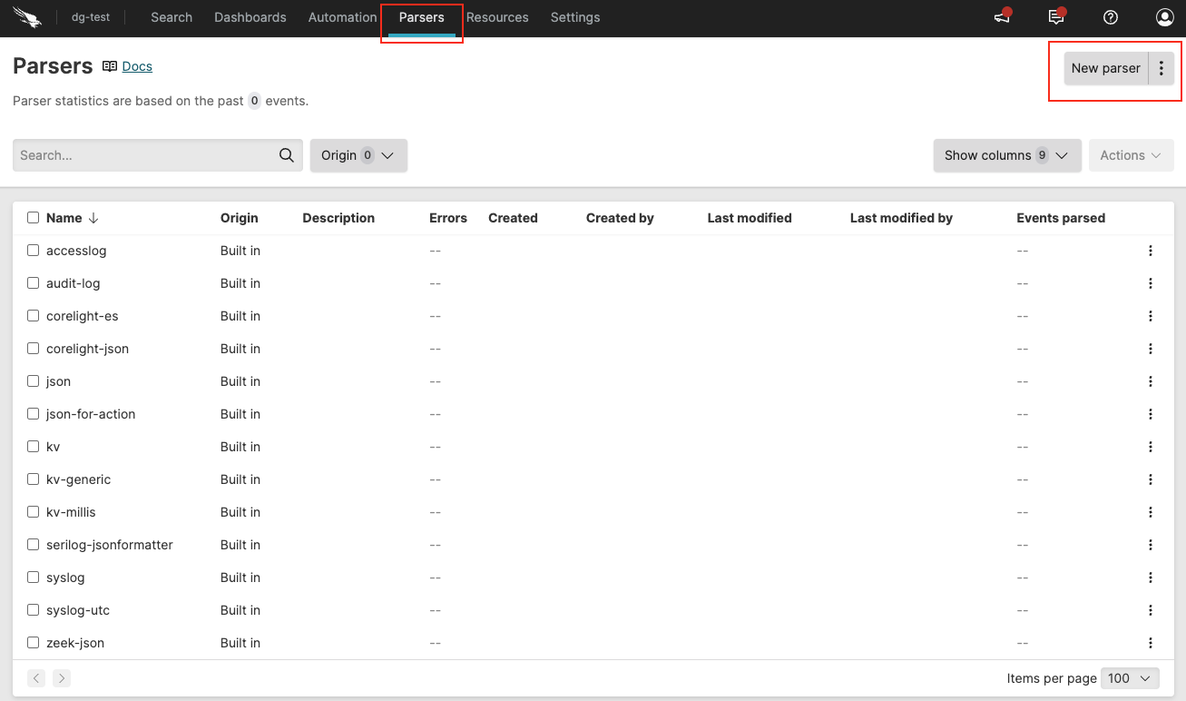 Screenshot of the Parsers interface with table view showing the New parser button highlighted to create a new empty parser