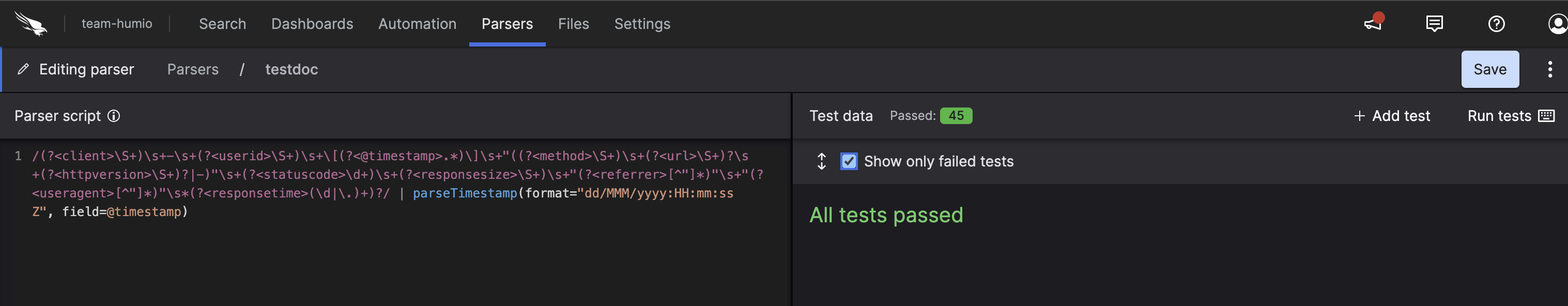 Screenshot of the parser editor showing parser script code on the left panel and test cases panel on the right with Run tests button