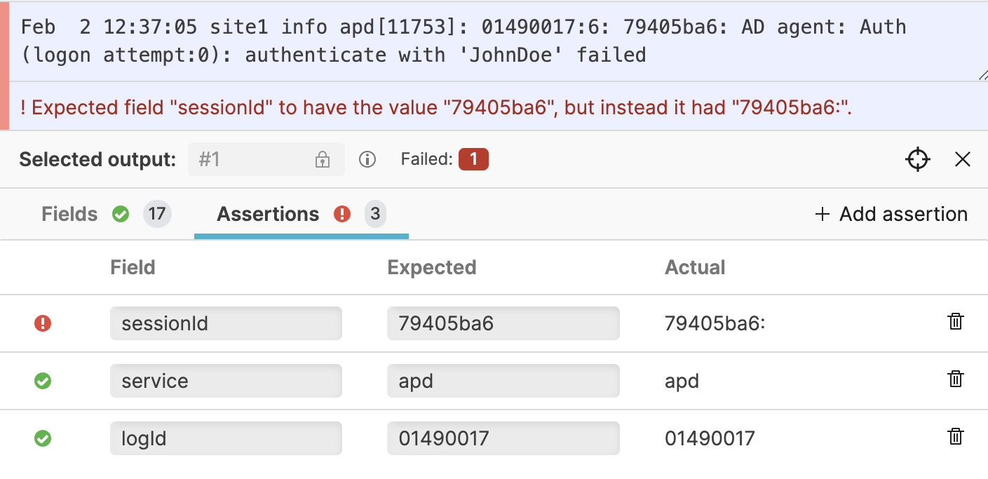 Screenshot of parser test assertions panel showing expected field values and validation status to verify that parsed output matches requirements