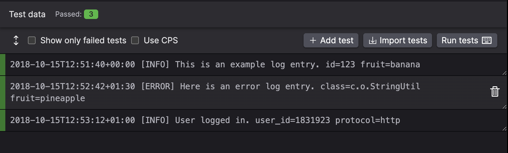 Screenshot of a parser test case textbox containing sample log data to be used for testing parser script logic