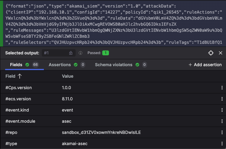 Screenshot of parser test output showing parsed event fields and their extracted values after running tests on a test case